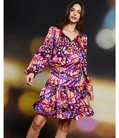 Skies Are Blue Butterfly Print Split V Neck Long Sleeve Mini Dress