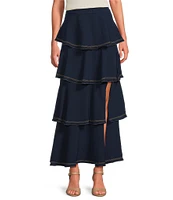 Skies Are Blue Contrast Stitch Ruffle Tiered Maxi Skirt