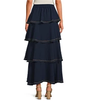 Skies Are Blue Contrast Stitch Ruffle Tiered Maxi Skirt