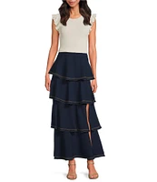 Skies Are Blue Contrast Stitch Ruffle Tiered Maxi Skirt
