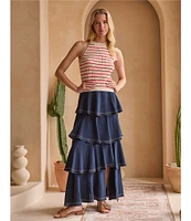 Skies Are Blue Contrast Stitch Ruffle Tiered Maxi Skirt