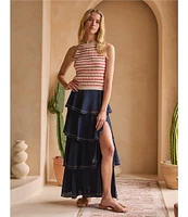 Skies Are Blue Contrast Stitch Ruffle Tiered Maxi Skirt