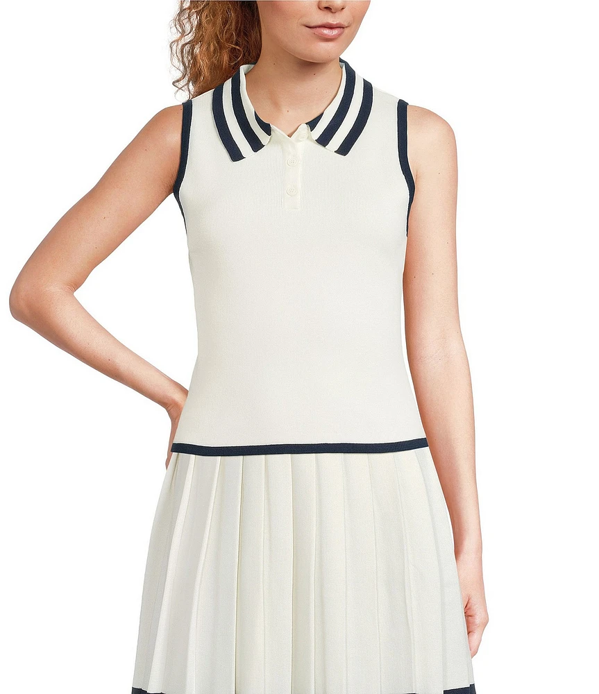 Skies Are Blue Contrast Trim Collared Neck Sleeveless Coordinating Knit Top