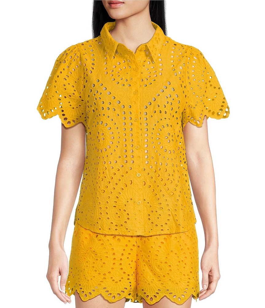 Skies Are Blue Coordinating Eyelet Point Collar Neck Short Sleeve Blouse