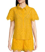 Skies Are Blue Coordinating Eyelet Point Collar Neck Short Sleeve Blouse