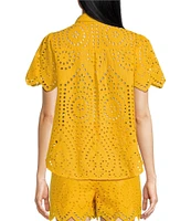 Skies Are Blue Coordinating Eyelet Point Collar Neck Short Sleeve Blouse