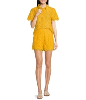 Skies Are Blue Coordinating Eyelet Point Collar Neck Short Sleeve Blouse