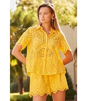 Skies Are Blue Coordinating Eyelet Point Collar Neck Short Sleeve Blouse