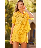 Skies Are Blue Coordinating Eyelet Point Collar Neck Short Sleeve Blouse