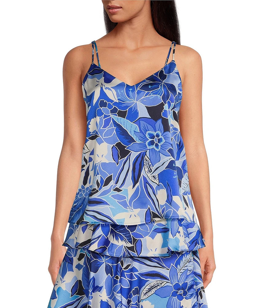 Skies Are Blue Coordinating Floral Printed V Neck Sleeveless Satin Tank