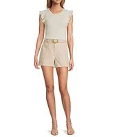 Skies Are Blue Cotton Twill High Waisted Rattan Belted Shorts