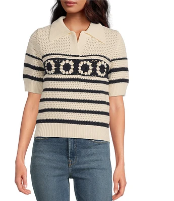 Skies Are Blue Crochet Stripe Split V-Neck Collared Short Sleeve Top