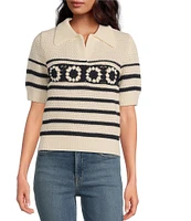 Skies Are Blue Crochet Stripe Split V-Neck Collared Short Sleeve Top