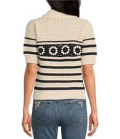 Skies Are Blue Crochet Stripe Split V-Neck Collared Short Sleeve Top