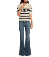 Skies Are Blue Crochet Stripe Split V-Neck Collared Short Sleeve Top