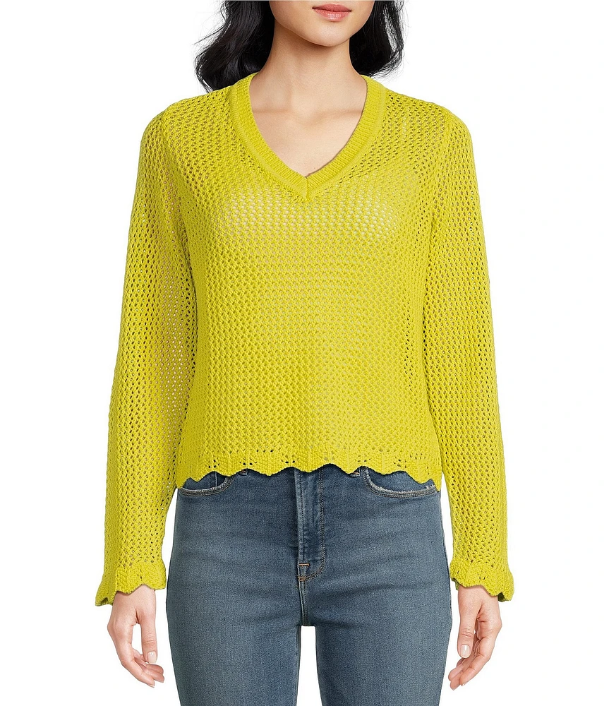 Skies Are Blue Crochet V-Neck Long Sleeve Scallop Hem Top