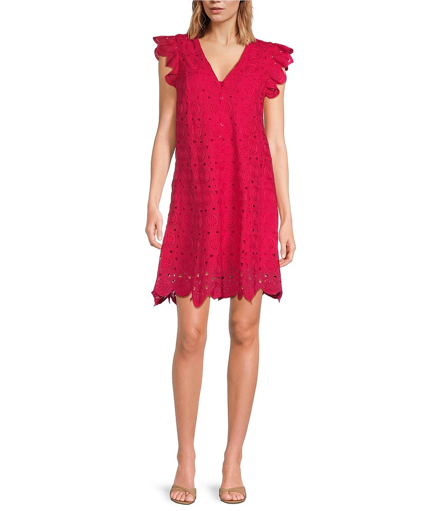 Skies Are Blue Crotchet V-Neck Cap Sleeve Mini Dress