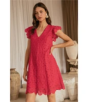 Skies Are Blue Crotchet V-Neck Cap Sleeve Mini Dress