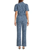 Skies Are Blue Denim Jacquard V-Neck Short Sleeve High Waisted Jumpsuit