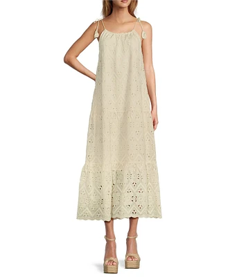 Skies Are Blue Eyelet Crew Neck Tiered Sleeveless Midi Dress