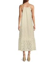 Skies Are Blue Eyelet Crew Neck Tiered Sleeveless Midi Dress