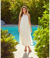 Skies Are Blue Eyelet Crew Neck Tiered Sleeveless Midi Dress