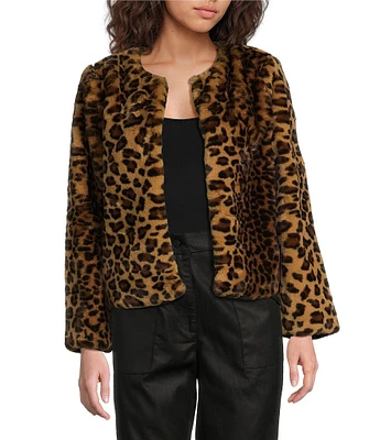 Skies Are Blue Faux Fur Leopard Print Crew Neck Long Sleeve Open Front Jacket