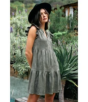 Skies Are Blue Faux Suede Split V-Neck Ruffle Cap Sleeve Tier Dress