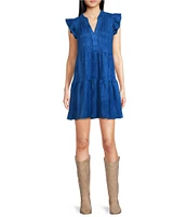 Skies Are Blue Faux Suede Split V-Neck Ruffle Cap Sleeve Tier Dress