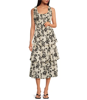 Skies Are Blue Floral Print Scoop Neck Ribbon Tie Tiered Poplin Midi Dress