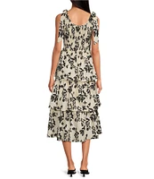 Skies Are Blue Floral Print Scoop Neck Ribbon Tie Tiered Poplin Midi Dress