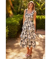 Skies Are Blue Floral Print Scoop Neck Ribbon Tie Tiered Poplin Midi Dress