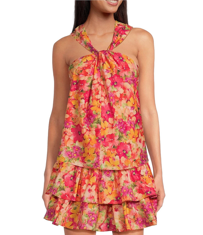 Skies Are Blue Coordinating Floral Print Twist Neck Halter Sleeveless Top