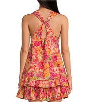 Skies Are Blue Coordinating Floral Print Twist Neck Halter Sleeveless Top