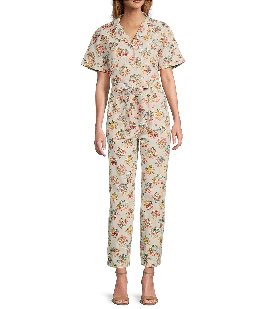 Skies Are Blue Floral Printed Notch Collar Short Sleeve Jumpsuit