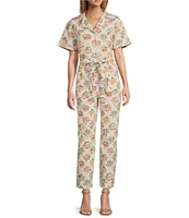 Skies Are Blue Floral Printed Notch Collar Short Sleeve Jumpsuit