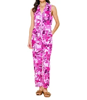 Skies Are Blue Floral Printed Twill Collar V-Neck Sleeveless Zip Front Jumpsuit