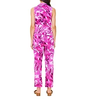 Skies Are Blue Floral Printed Twill Collar V-Neck Sleeveless Zip Front Jumpsuit