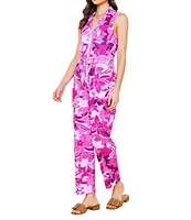Skies Are Blue Floral Printed Twill Collar V-Neck Sleeveless Zip Front Jumpsuit
