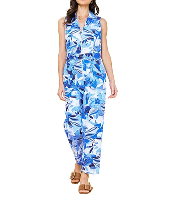 Skies Are Blue Floral Printed Twill Collar V-Neck Sleeveless Zip Front Jumpsuit