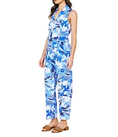 Skies Are Blue Floral Printed Twill Collar V-Neck Sleeveless Zip Front Jumpsuit