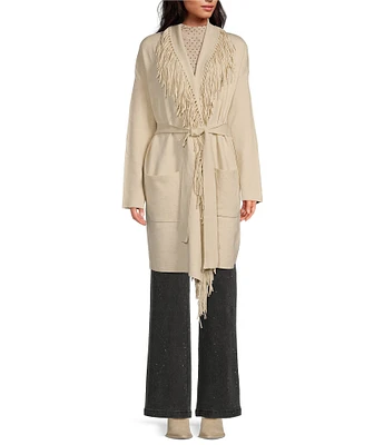 Skies Are Blue Fringe Shawl Collar Neck Long Sleeve Cardigan Coat