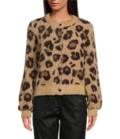 Skies Are Blue Fuzzy Leopard Print Crew Neck Long Sleeve Button Front Cardigan