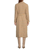 Skies Are Blue Wool Blend Gingham Notch Collar Neck Long Sleeve Button Front Tie Waist Trench Coat