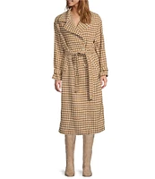 Skies Are Blue Wool Blend Gingham Notch Collar Neck Long Sleeve Button Front Tie Waist Trench Coat