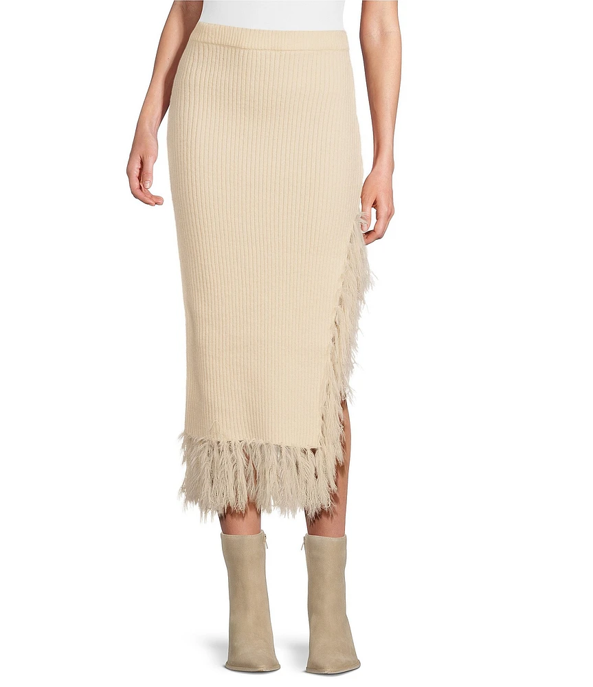 Skies Are Blue Knit Asymmetrical Feather Fringe Pull-On Midi Skirt