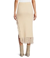 Skies Are Blue Knit Asymmetrical Feather Fringe Pull-On Midi Skirt