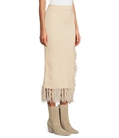 Skies Are Blue Knit Asymmetrical Feather Fringe Pull-On Midi Skirt