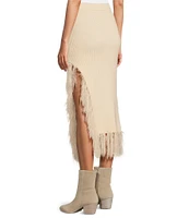 Skies Are Blue Knit Asymmetrical Feather Fringe Pull-On Midi Skirt