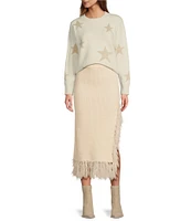 Skies Are Blue Knit Asymmetrical Feather Fringe Pull-On Midi Skirt